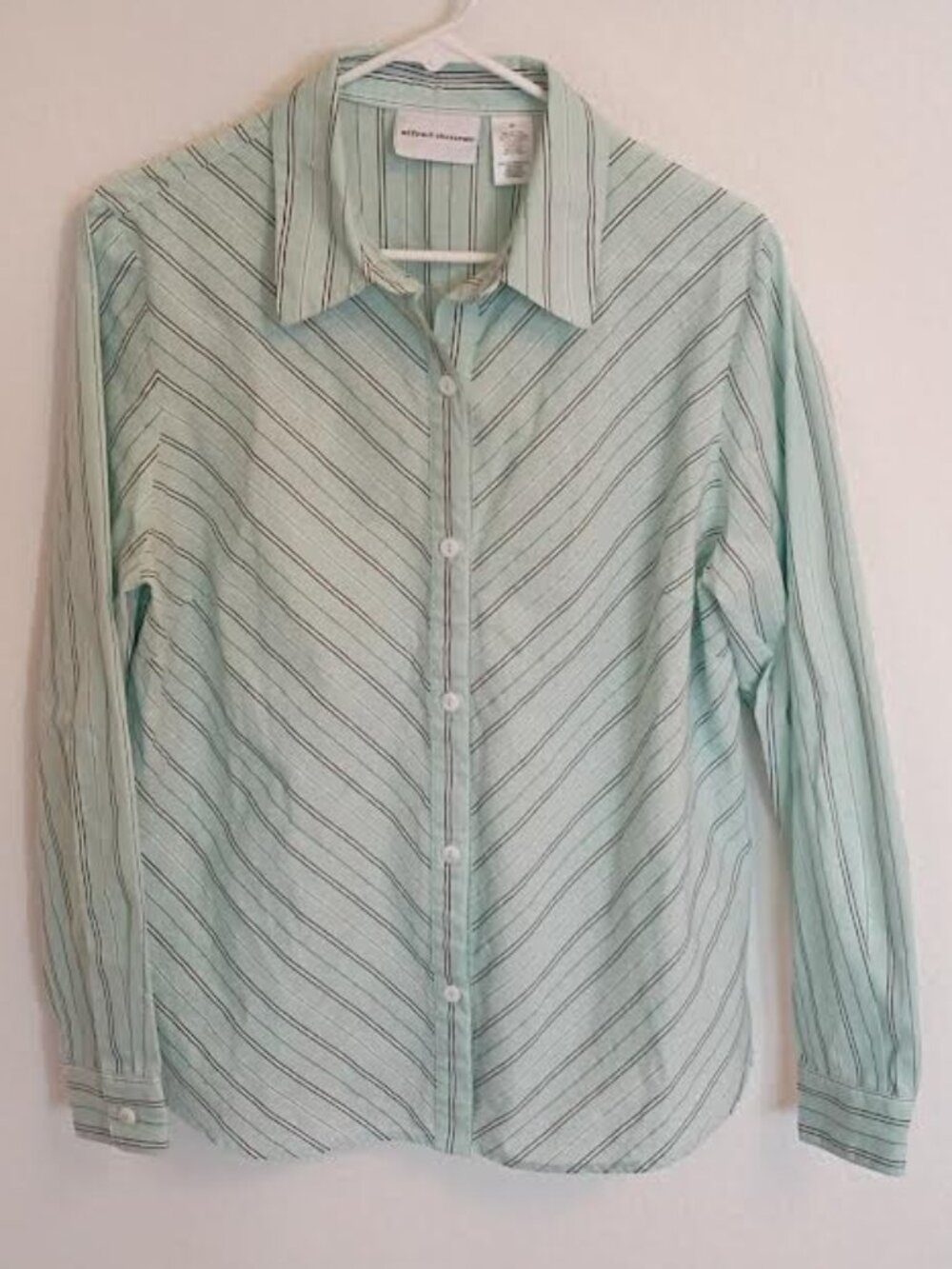 ALFRED DUNNER WOMEN'S TOP MINT GRAY SILVER STRIPED LONG SLEEVE BUTTON UP SIZE 12